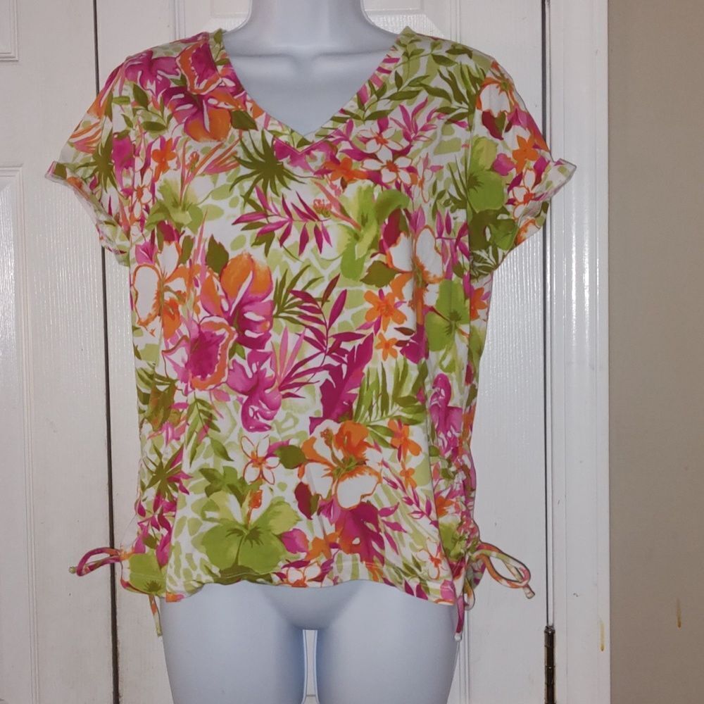 Caribbean Joe tropical beachy short sleeve top  Sz L Petite